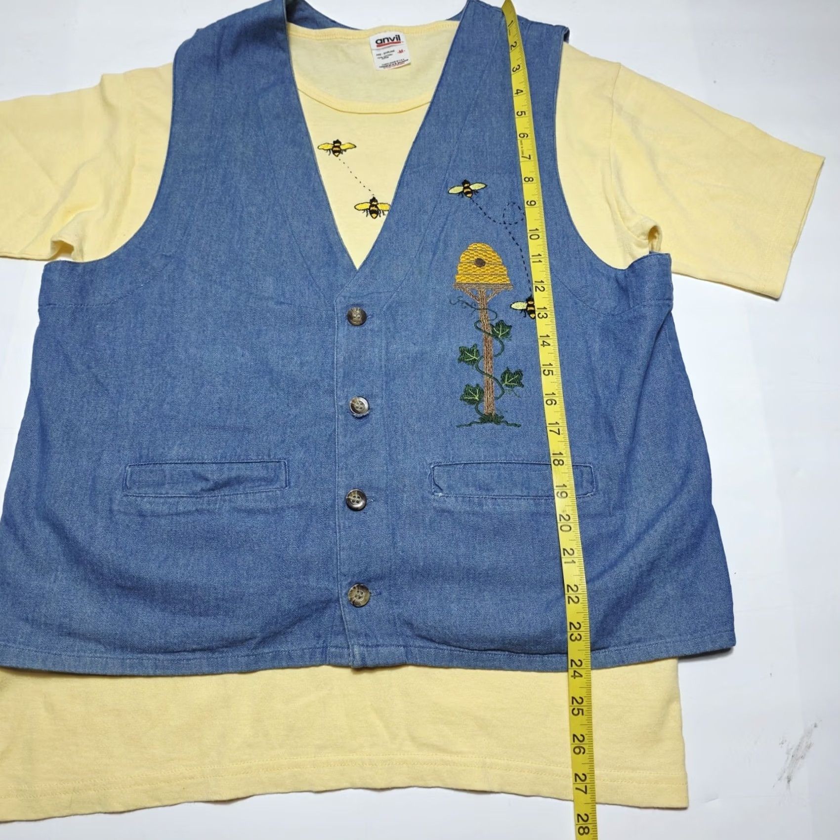 Anvil VINTAGE Bee Women’s T-Shirt Denim Vest Combo Small/Medium Yellow Blue 90's T-Shirt Women’s Size M / US 6-8 / IT 42-44 - 6 Thumbnail