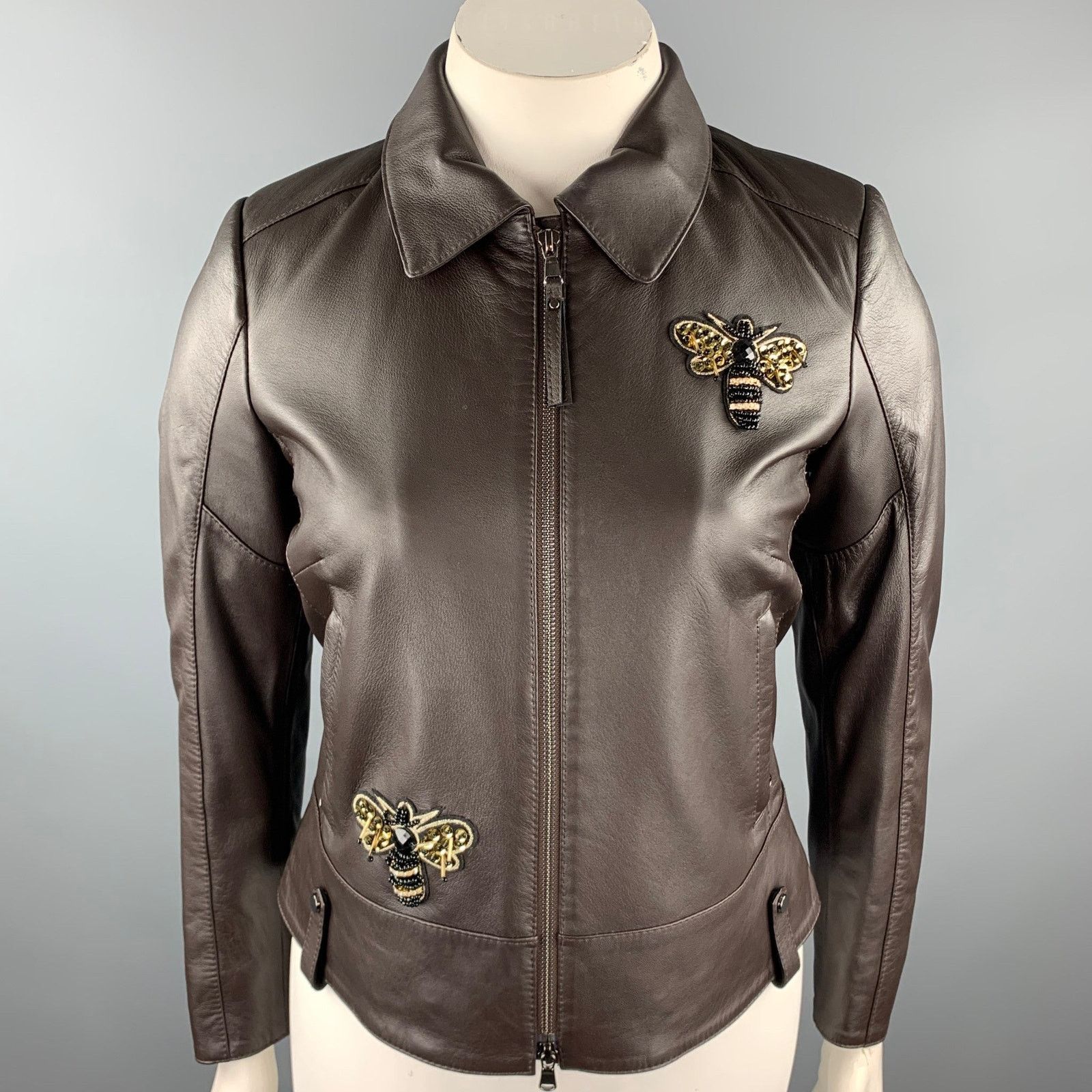 Other GIZIA 6 Brown Leather Bumble Bee Embellishment Zip Up Jacket Size M / US 6-8 / IT 42-44 - 2 Thumbnail