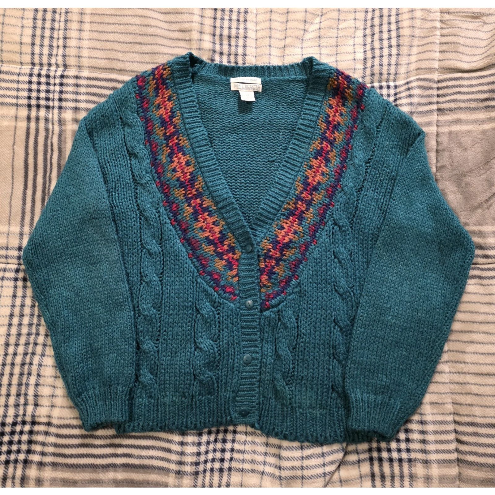 Vintage VINTAGE Jamie Scott Cardigan Sweater Women S Turquoise Geometric Cable-Knit V-Neck Oversized 80s 90s Bohemian Classic Seasonals Size S / US 4 / IT 40 - 2 Thumbnail