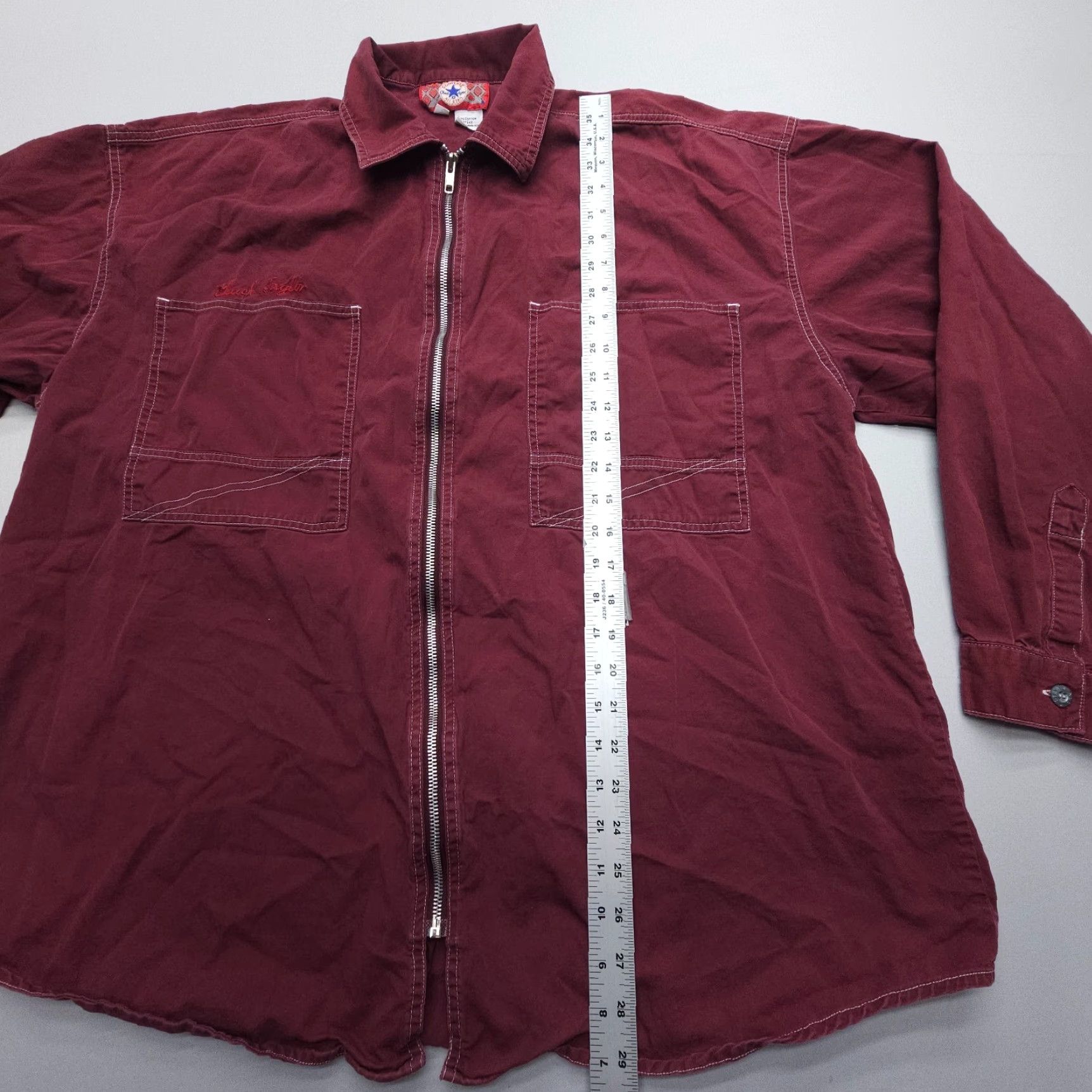 Converse VINTAGE Converse Chuck Taylor Full Zip Shirt Jacket Mens XL Red Twill Jacket with Zip, Solid Pattern, 90s Theme, USA, Outdoor, Walking, Shacket Size US XL / EU 56 / 4 - 7 Thumbnail