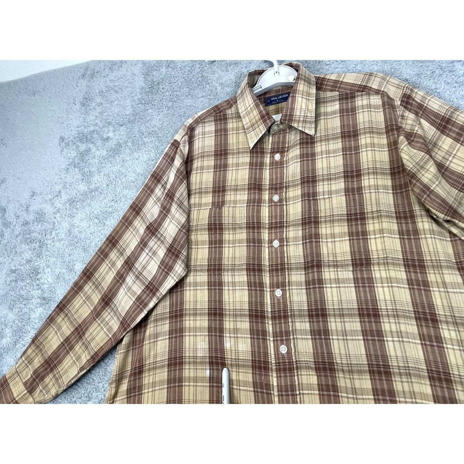 Van Heusen Van Heusen Shirt Mens Large Brown Beige Plaid Button-Down Long Sleeve Casual Size US L / EU 52-54 / 3 - 7 Thumbnail