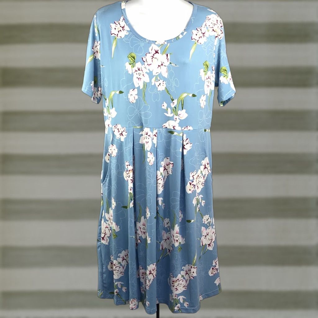 Vintage Auselily Dress XL Blue Floral Shift Pockets Pleated Casual Summer Women Size XL / US 12-14 / IT 48-50 - 1 Thumbnail