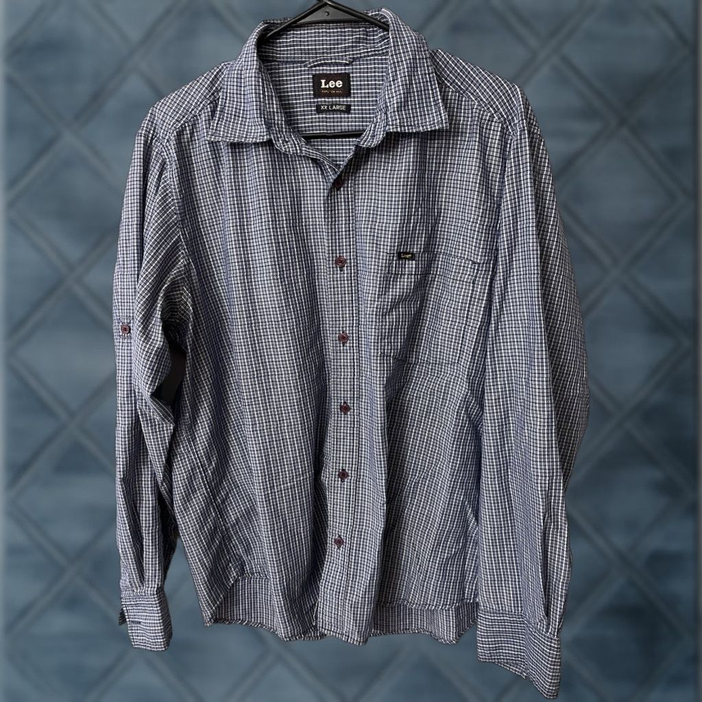 Lee VINTAGE Lee Mens Shirt Western Button-Up Tops Sawtooth Front Pocket Plaid Blue Cotton Twill 2XL Size US XXL / EU 58 / 5 - 1 Thumbnail
