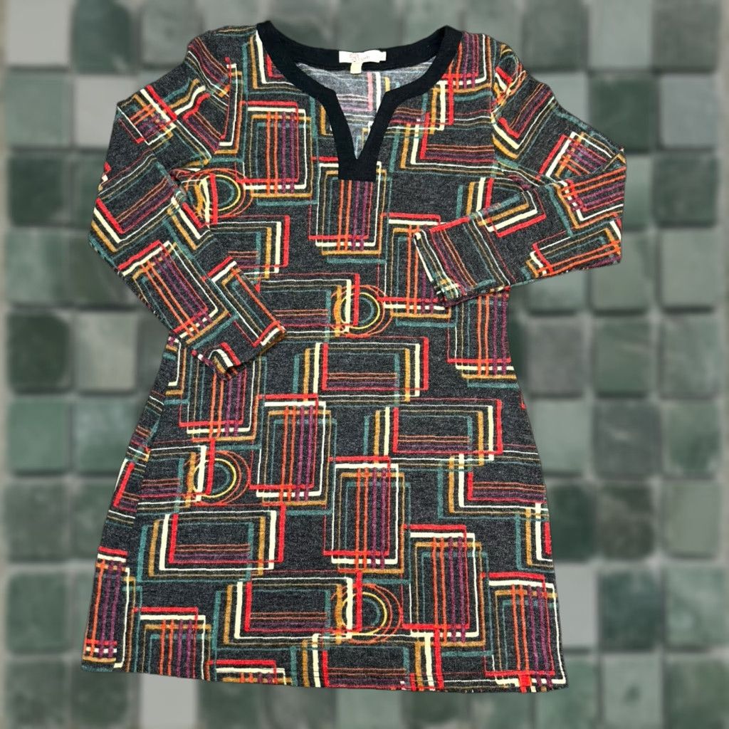Anthropologie Aryeh Anthropologie Women's Long Sleeve Knit Shift Dress L Multi-Color Geometric Stretch V-Neck Pullover Knee-Length Size L / US 10 / IT 46 - 1 Thumbnail