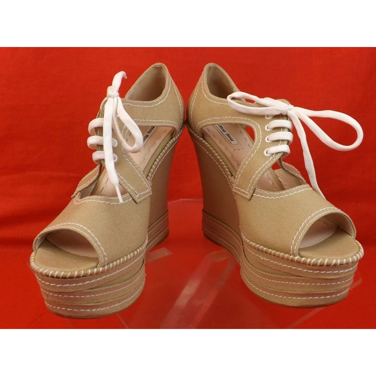 Miu Miu MIU MIU PRADA 5KZ006 BEIGE CANVAS OPEN TOE WEDGE PUMPS 39.5 Size US 9.5 / IT 39.5 - 9 Thumbnail
