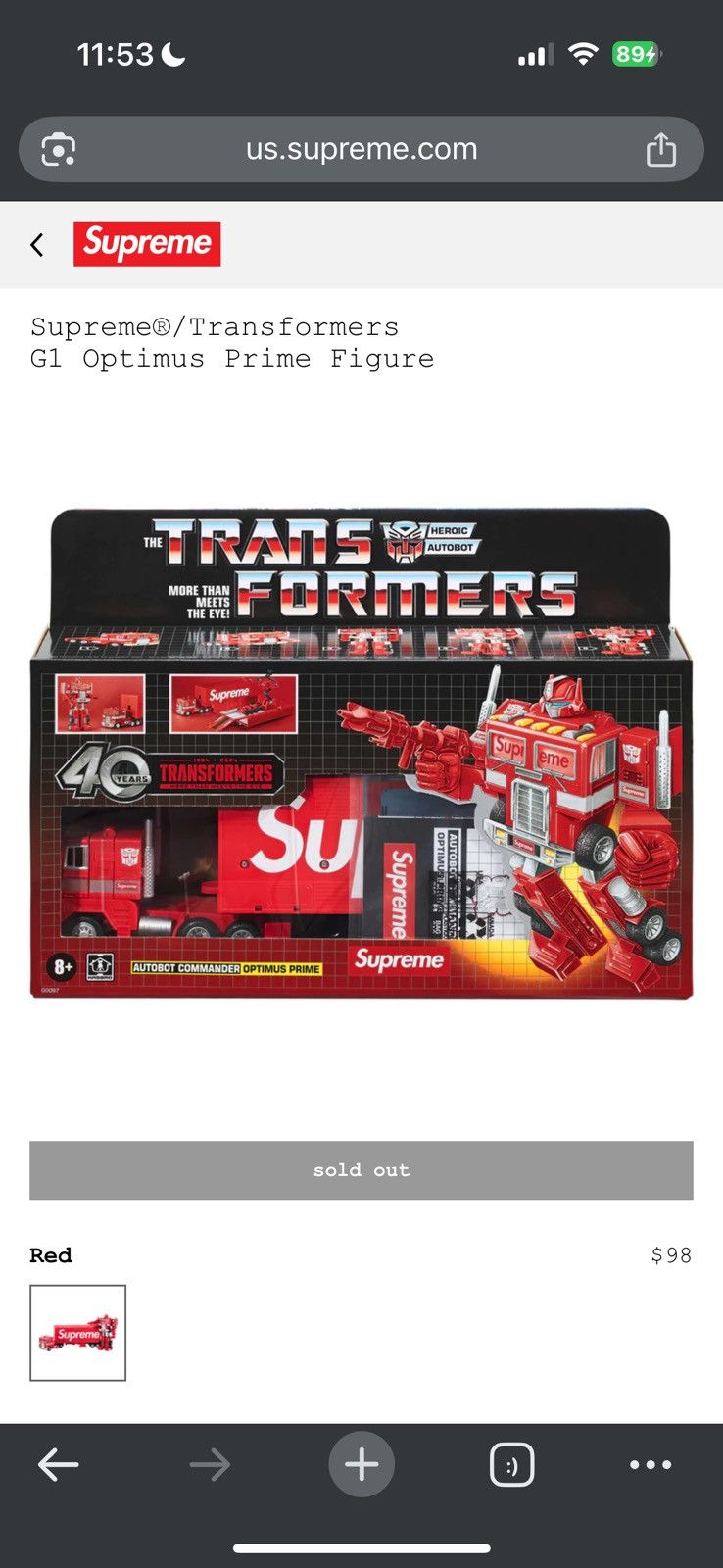 Supreme Supreme x Transformers G1 Optimus Prime Figure Size ONE SIZE - 3 Thumbnail