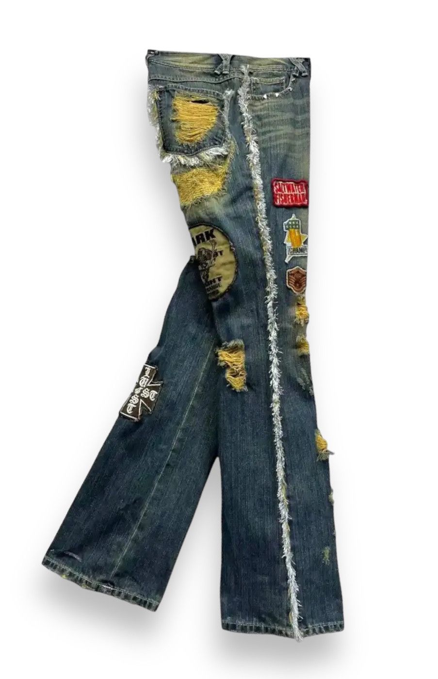 Japanese Brand 🔥LUSC Mudmax Frayed Ripped Patches Flare Women's Denim Size US 28 / EU 44 - 1 Thumbnail