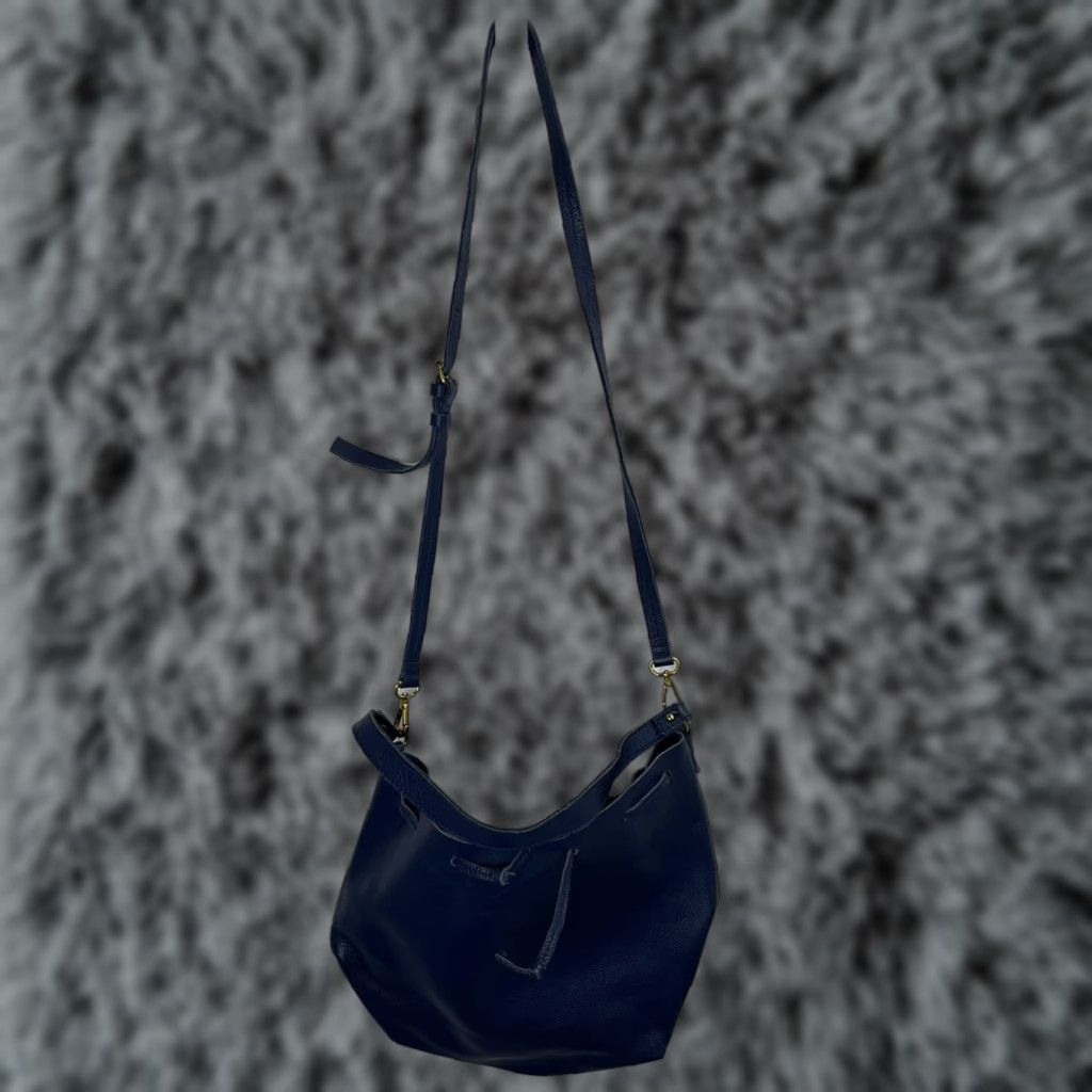 Vintage Mark & Graham Pebbled Leather Bucket Bag Women Navy Size ONE SIZE - 1 Thumbnail