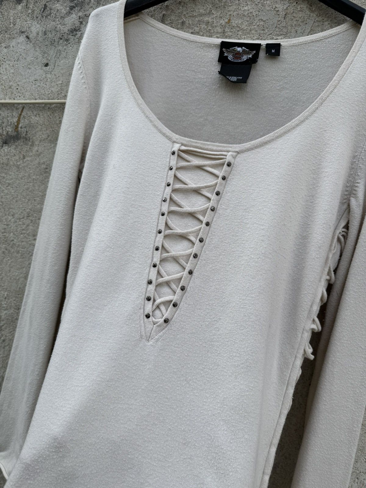 Harley Davidson Vintage Harley Davisdon Lace up Longsleeve 90s Beige Size M / US 6-8 / IT 42-44 - 6 Thumbnail