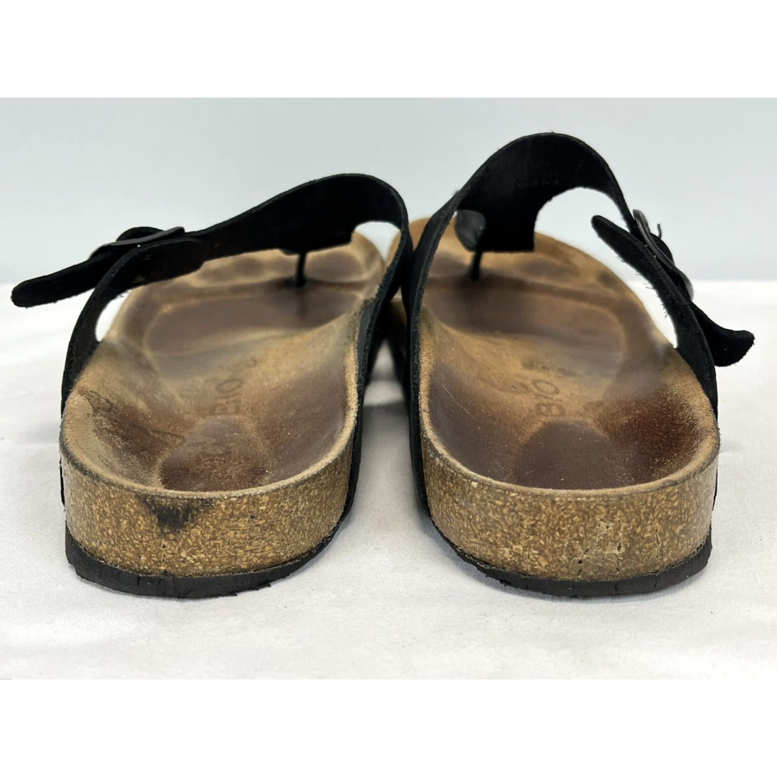 Vintage Bio Bio Womens Thong Sandals Black Leather Cork Bed Sz 38 US 7 GUC Cork Insole Outsole Leather Upper Leather Lü? Size US 7 / IT 37 - 4 Thumbnail