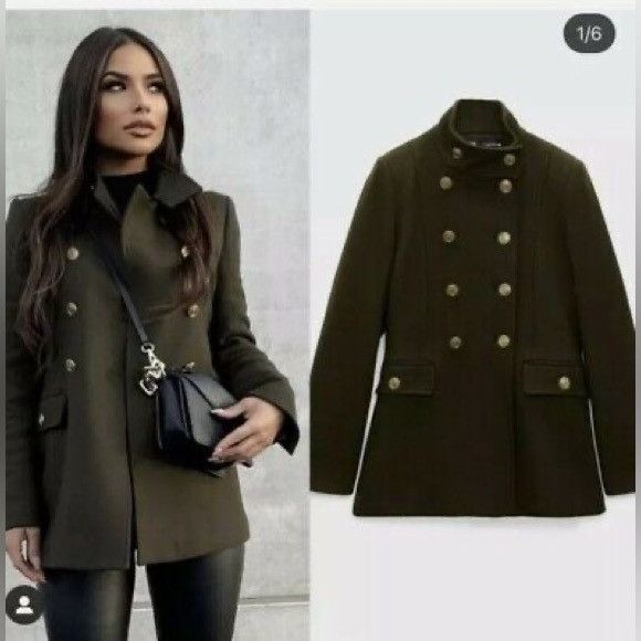 Zara Zara Wool Blend Military Style Double Breasted Olive Green C Grailed