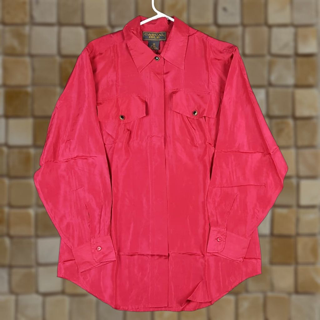 Vintage VINTAGE 80s Casual Isle Pure Silk Red Long Sleeve Collared Button-Up Golf Shirt Women's Size M Preppy Retro Sports Size M / US 6-8 / IT 42-44 - 1 Thumbnail