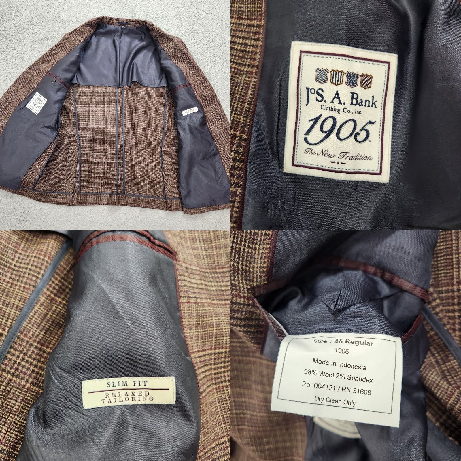 Jos A Bank Sport Coat Men 46R Brown Plaid Slim Fit Unstructured Two-Button Jacket Business Casual Formal Wedding Vintage No