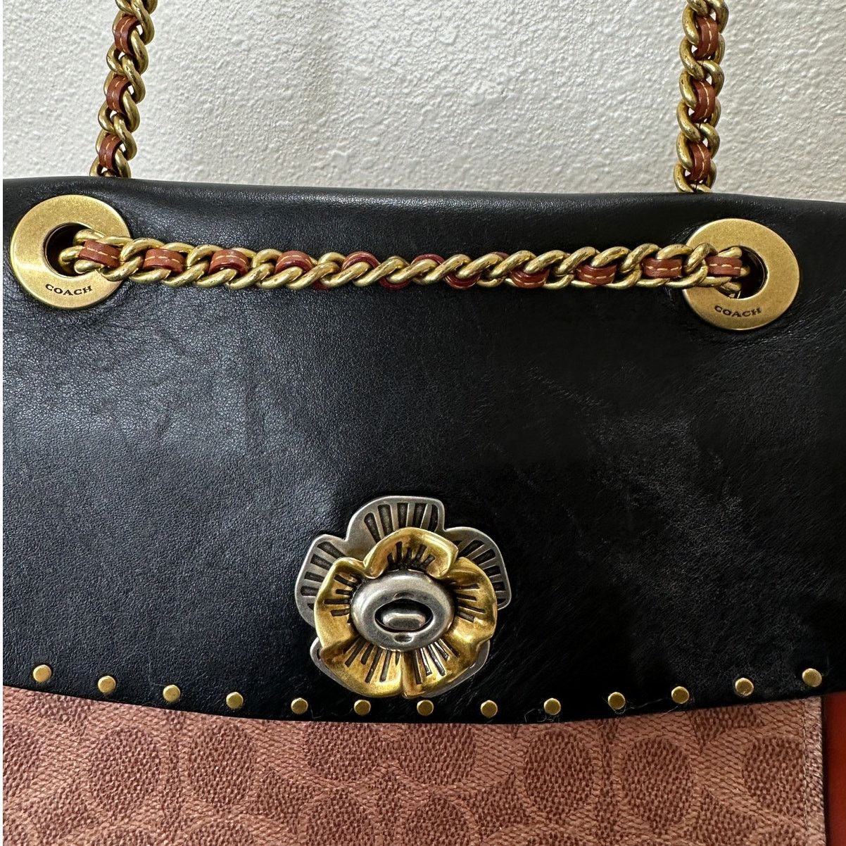 Coach Vintage Coach Tea Rose Parker Bag Rivets Snakeskin Detail Size ONE SIZE - 8 Thumbnail