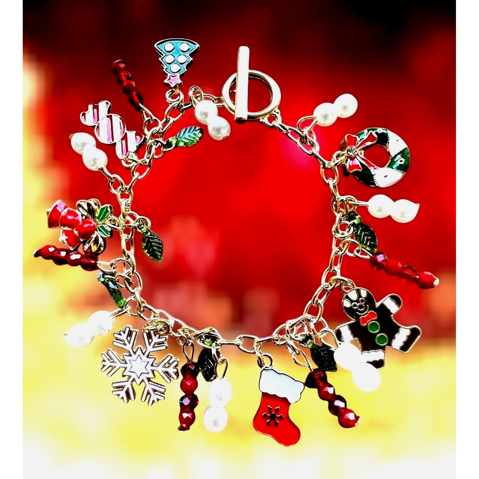 Handmade Christmas Charm Bracelet New Bells Gingerbread Man Stocking Size ONE SIZE - 7 Thumbnail