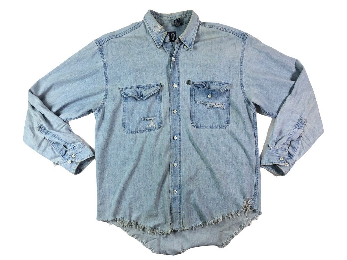 Gap × Vintage Vintage 90s Gap Light Wash Made in USA Distressed Shirt Size US M / EU 48-50 / 2 - 1 Thumbnail