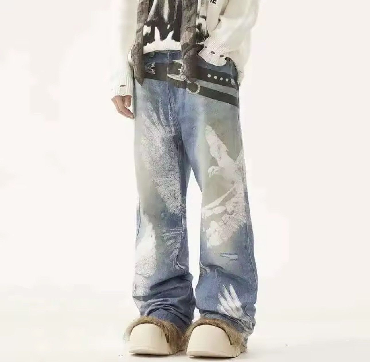 Jean Streetwear Baggy Loose Printed Washed Outdoor Jeans Pants Size US 31 - 1 Thumbnail