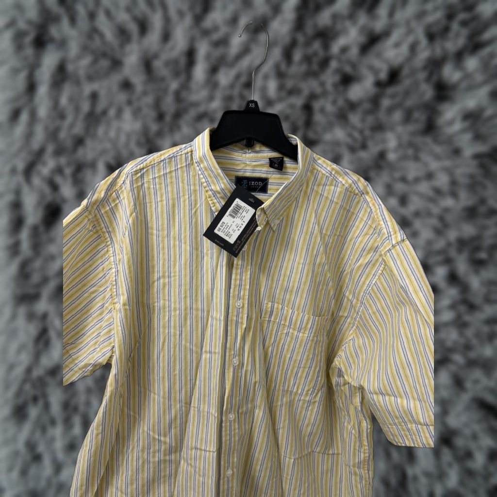 Izod IZOD Shirt Mens XL Yellow Oxford Striped Button-Down Pocket Short Sleeve Size US XL / EU 56 / 4 - 1 Thumbnail