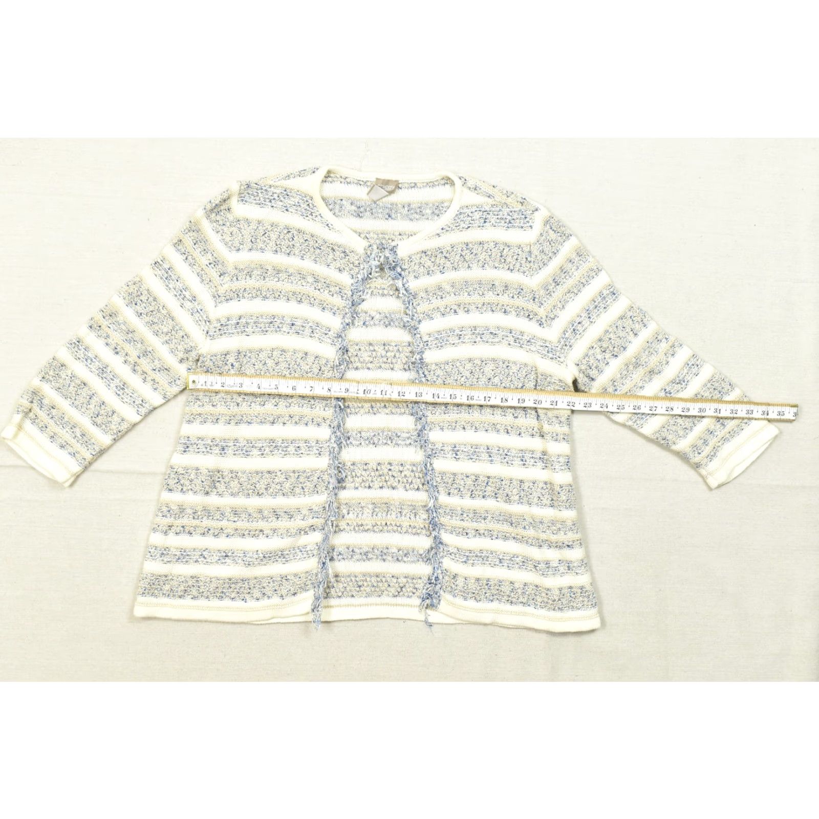 Vintage Chico's Cardigan Women Open Front Fringe Trim Striped Knit Blue Cream Size 3 Sweater - Regular Fit, Crew Neck, Long Sleeve Size XS / US 0-2 / IT 36-38 - 3 Thumbnail
