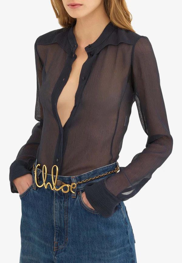 Chloe o1loc1c11025 Silk Slim-Fit Collarless Blouse in Navy Size L / US 10 / IT 46 - 2 Thumbnail