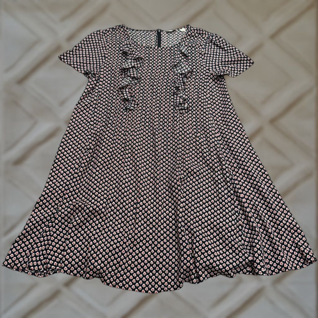 Vintage 11:1 Tylho Floral Ruffle Shirt Dress Womens L Black Red Short Sleeve Knee Length Size L / US 10 / IT 46 - 1 Thumbnail