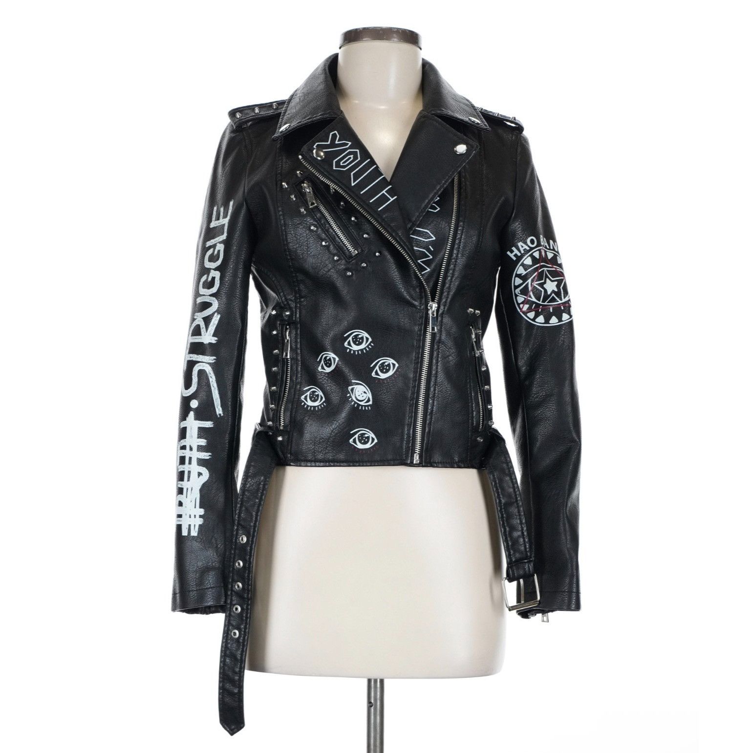 Other Black Punk Rock Graphic Studded Belted Vegan Leather Jacket Size M / US 6-8 / IT 42-44 - 1 Thumbnail