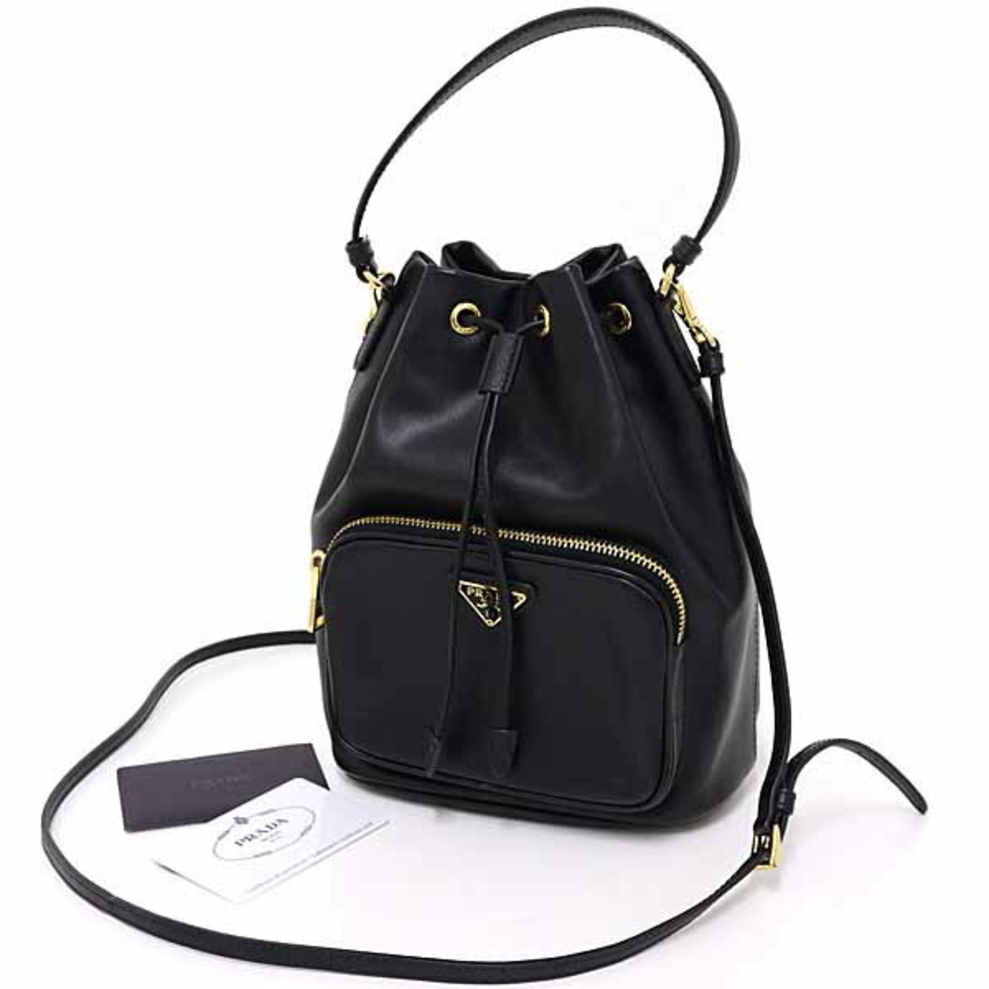 Prada Duet Bucket Bag Shoulder in Soft Calfskin and Saffiano Leather Nero Black 1BH038
