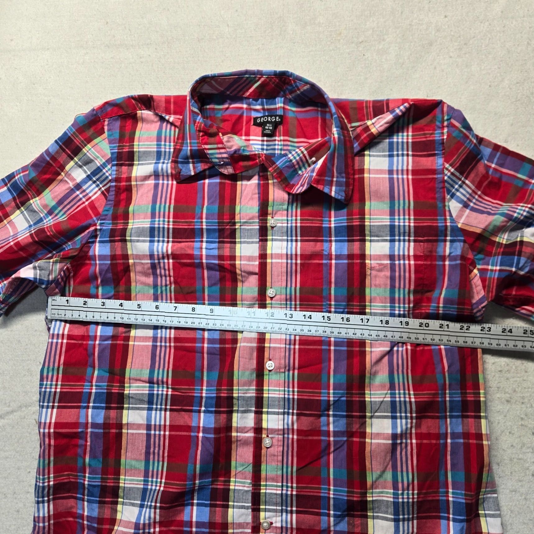 George GEORGE Shirt Men XL Plaid Red White Blue Casual Button-Up Short Sleeve Multicolor Cotton Rayon Flannel Size US XL / EU 56 / 4 - 4 Thumbnail