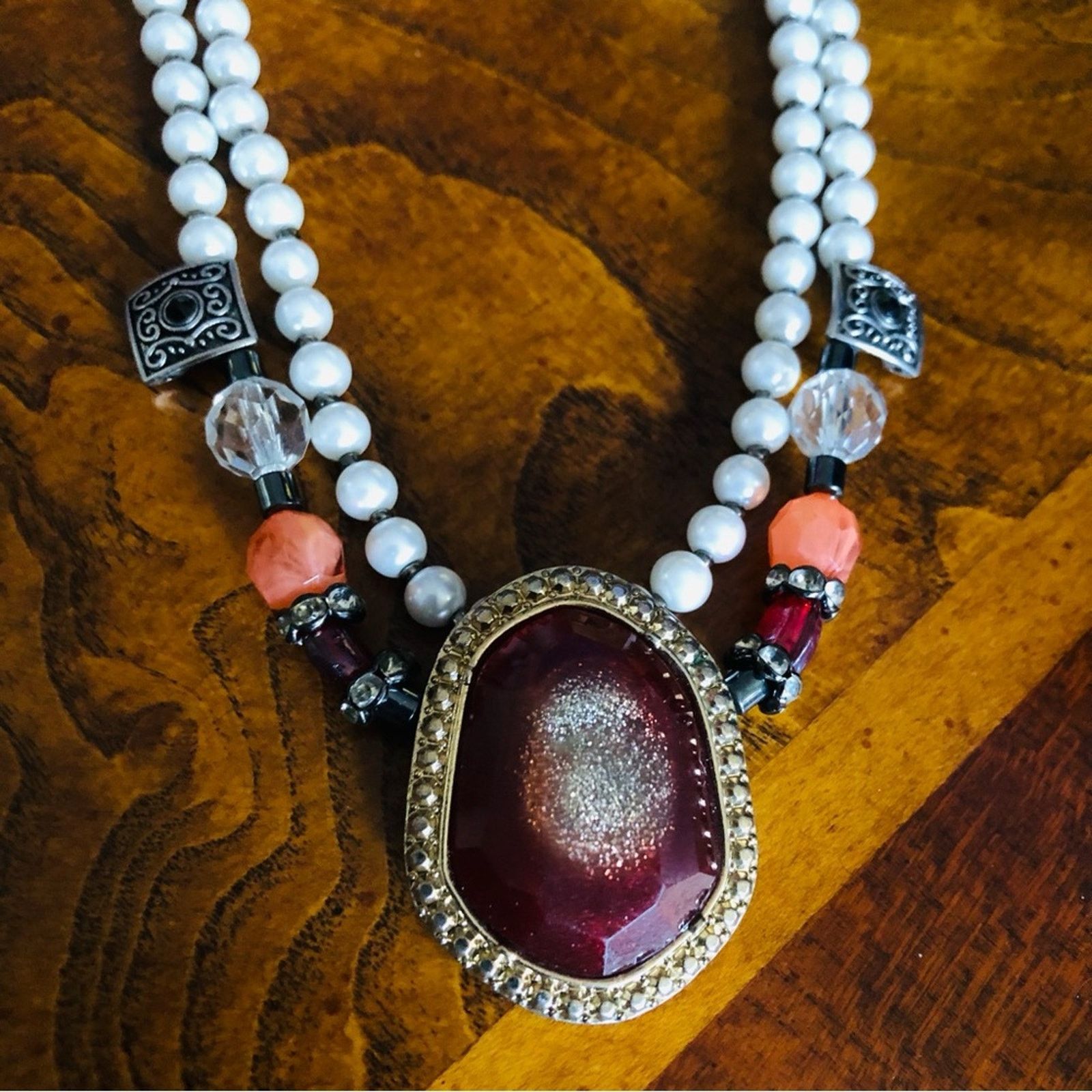 Handmade Handcrafted beaded Czech glass Pearl genuine ruby necklace Size ONE SIZE - 8 Thumbnail