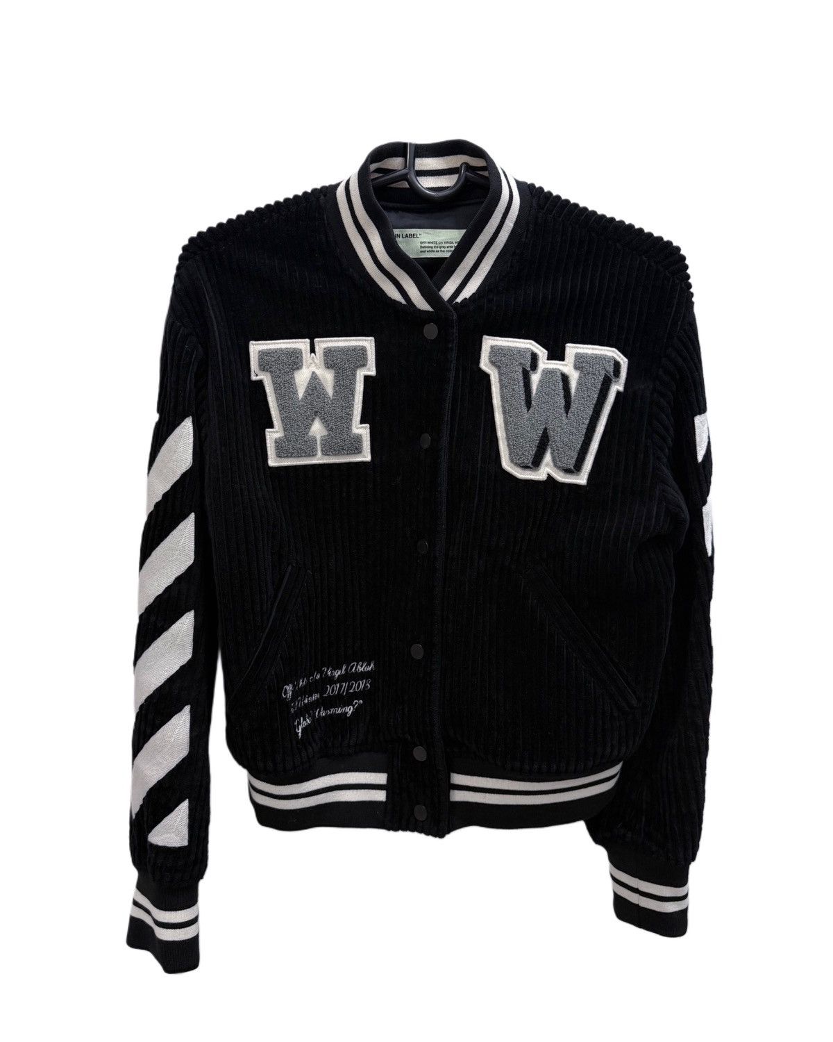 Off-White OFF WHITE Black Wool Corduroy Varsity Jacket Size US XXS / EU 40 - 1 Thumbnail