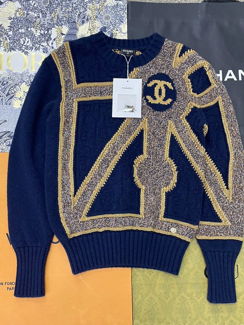 Chanel Blue Gold Double C Knit Sweater