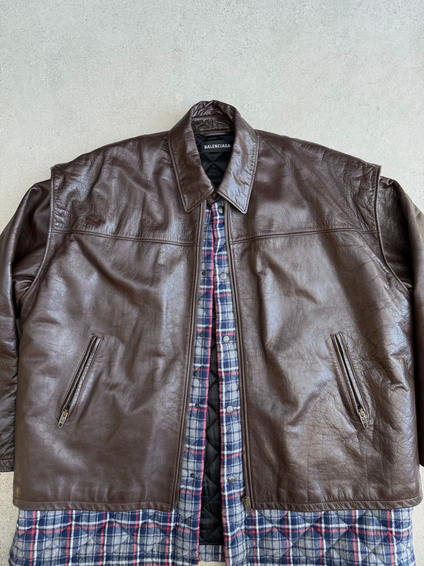 Balenciaga Balenciaga 18FW 2-in-1 Plaid Leather-Cotton Jacket Dark Brown 46 Size US S / EU 44-46 / 1 - 2 Thumbnail