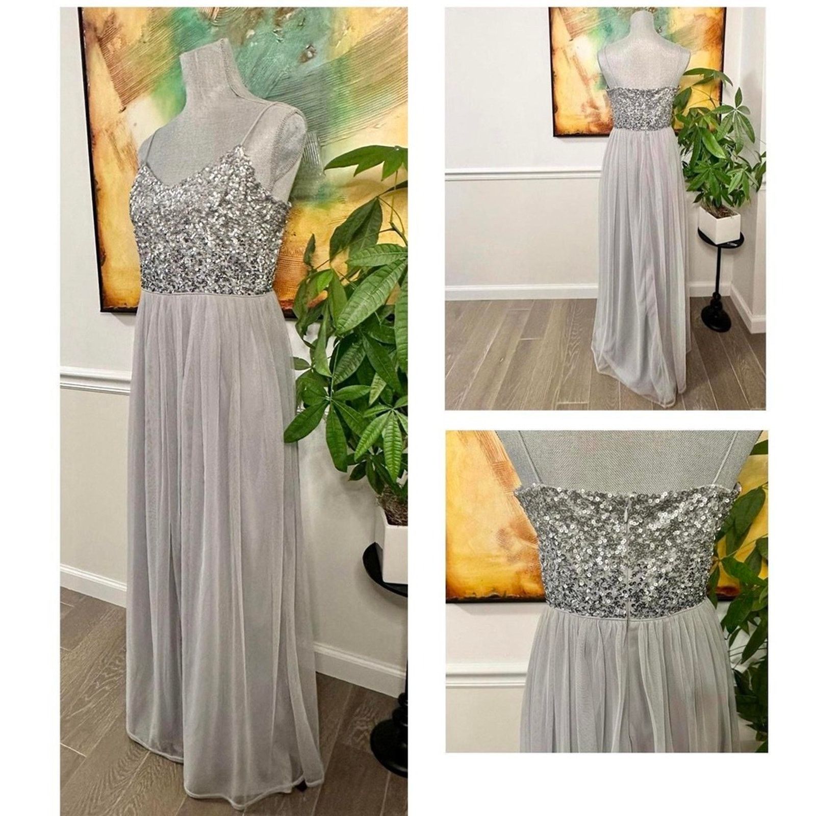 Adrianna Papell Adrianna Papell Sequin Silver Maxi Dress A-line formal long Size M / US 6-8 / IT 42-44 - 2 Thumbnail