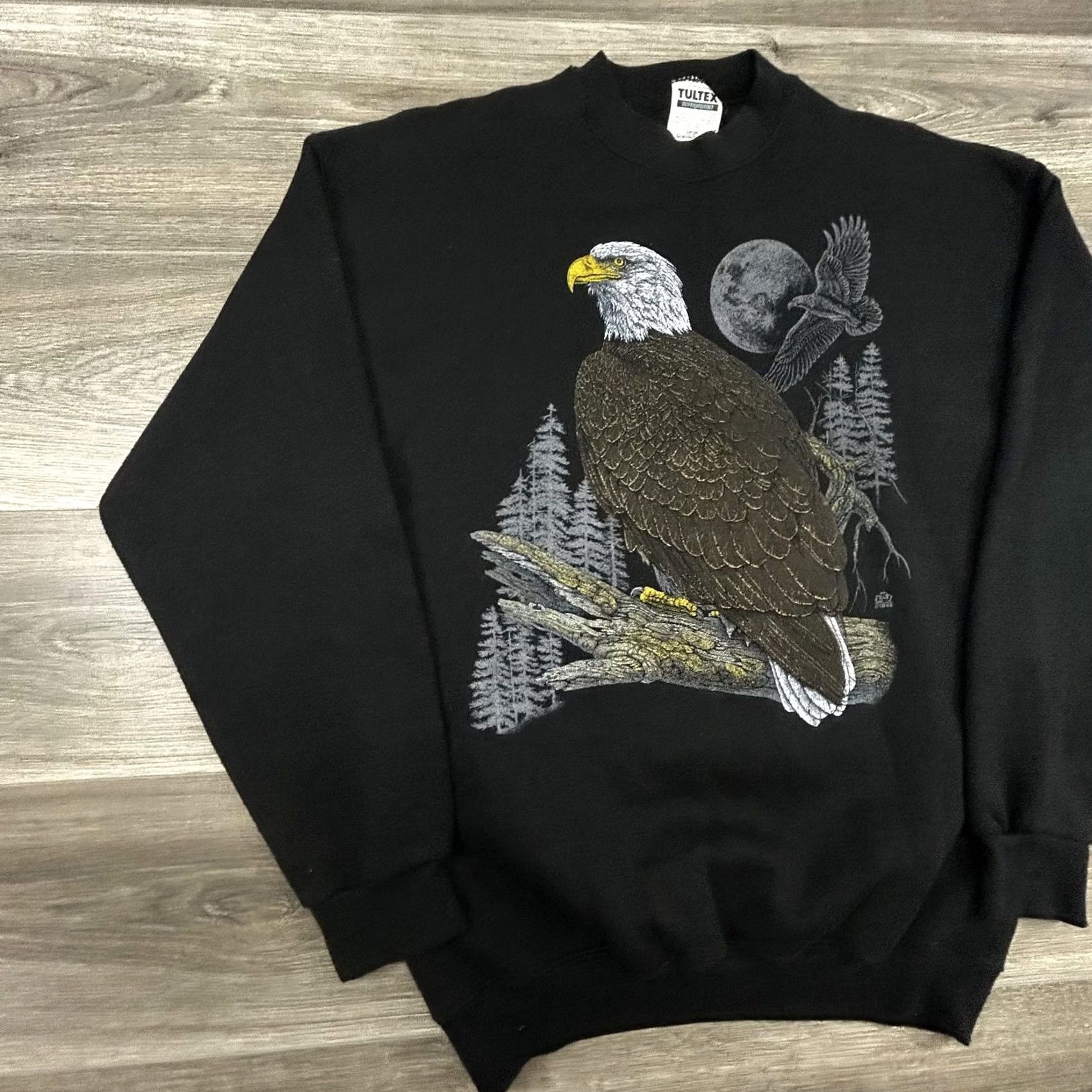 Tultex VINTAGE Bald Eagle Sweatshirt Mens L Black 90s Tultex Superweight Graphic Print Front Moon USA Tree Forest Size US L / EU 52-54 / 3 - 3 Thumbnail