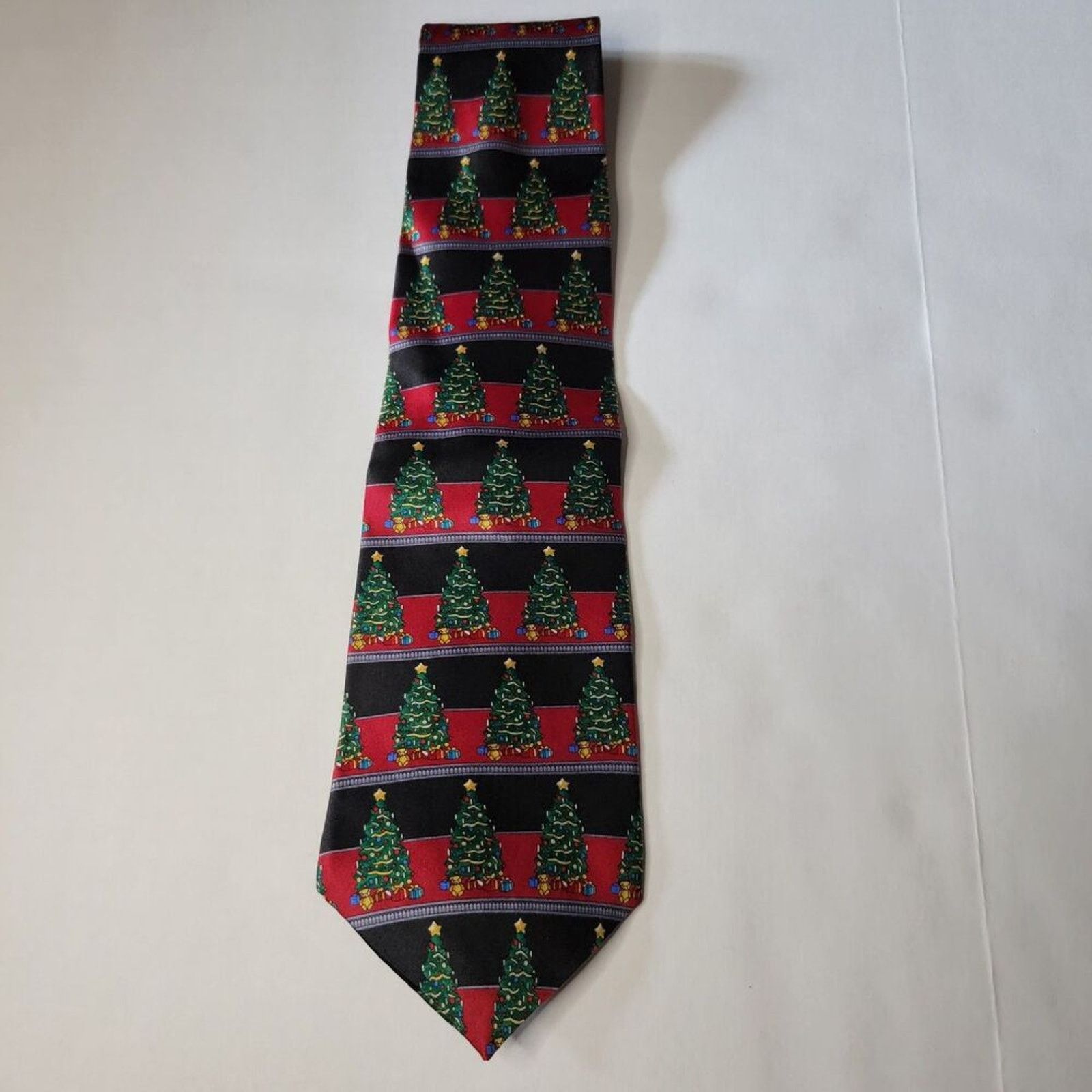 Other Christmas Tie Trees Black & Red Stripes Imported 100% Silk Size ONE SIZE - 2 Thumbnail