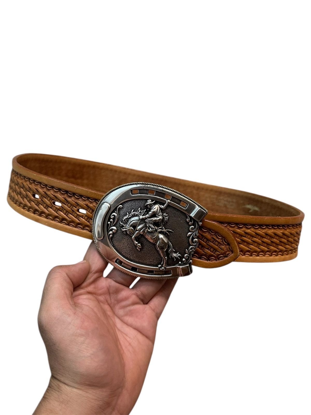 Handmade Tony Lama Classic Basketweave Leather Belt Bronc Buckle (32) Size 32 - 2 Thumbnail