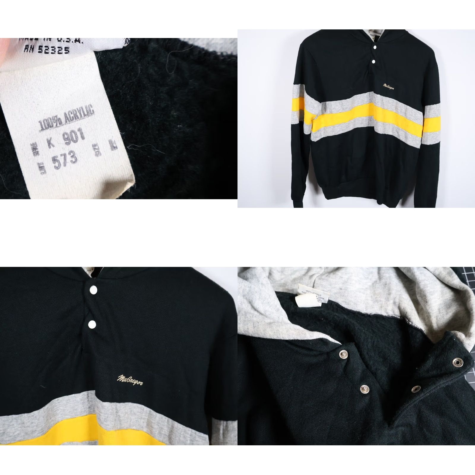 McGregor VINTAGE MacGregor Hoodie Pullover Striped Black Yellow 90s VTG Mens Large Crew Neck Snap Button Pockets Size US L / EU 52-54 / 3 - 8 Thumbnail