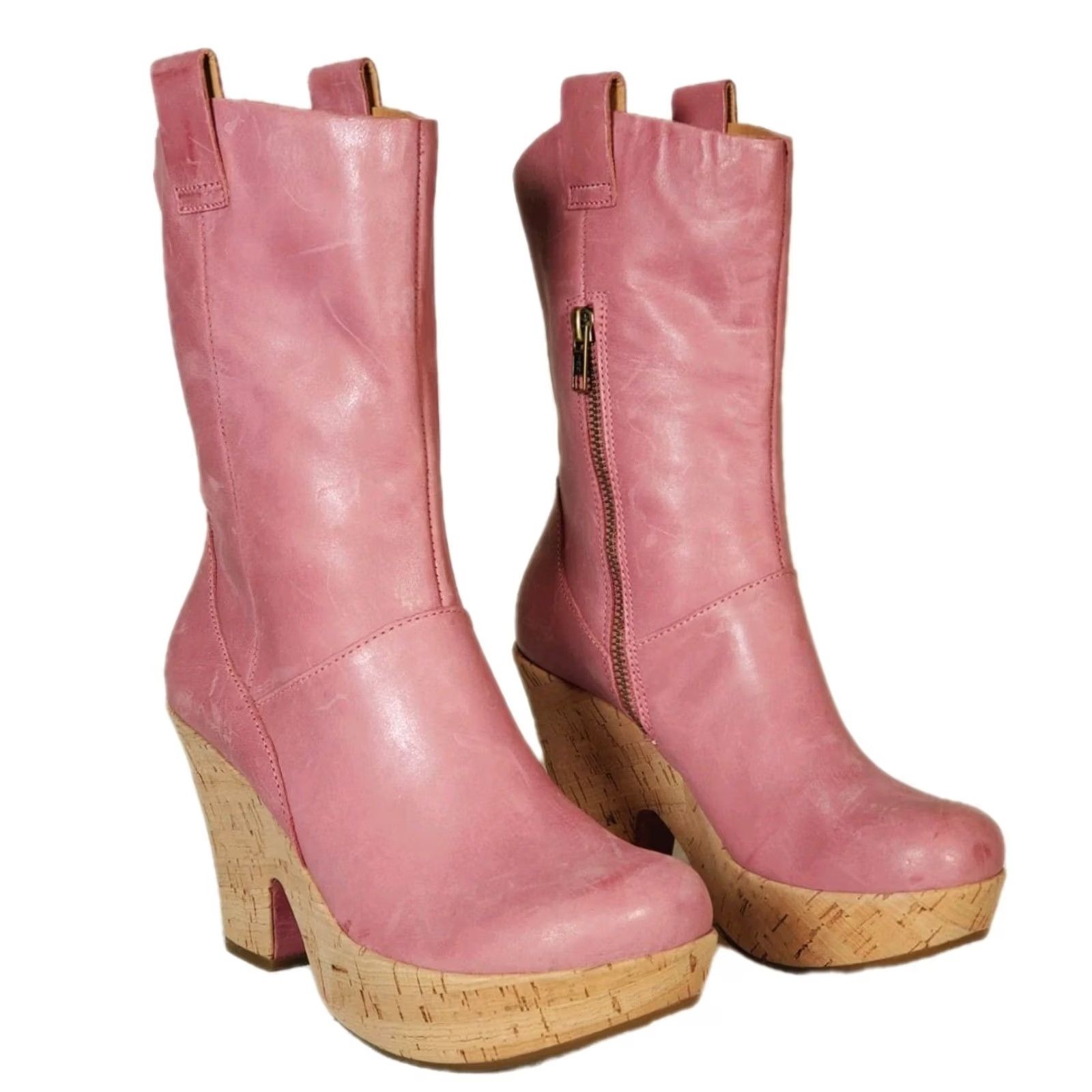 Pinko Kork-Ease Platform Boots Women's US 7 Pink Leather Cork Heeled K7045 Size US 7 / IT 37 - 2 Thumbnail