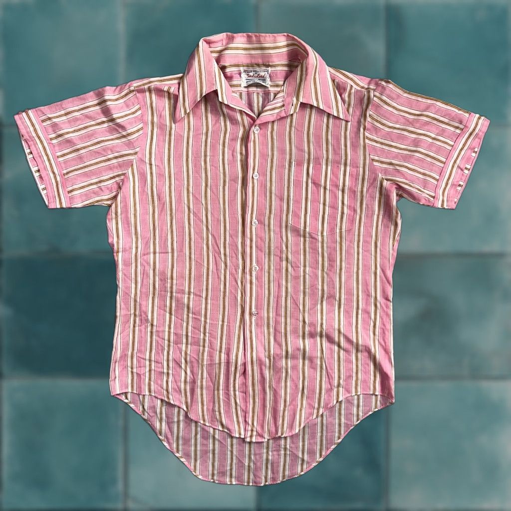 VINTAGE Apollo Pink Striped Short Sleeve Button-Front Shirt Rockabilly 15.5 1950s/1960s Mens