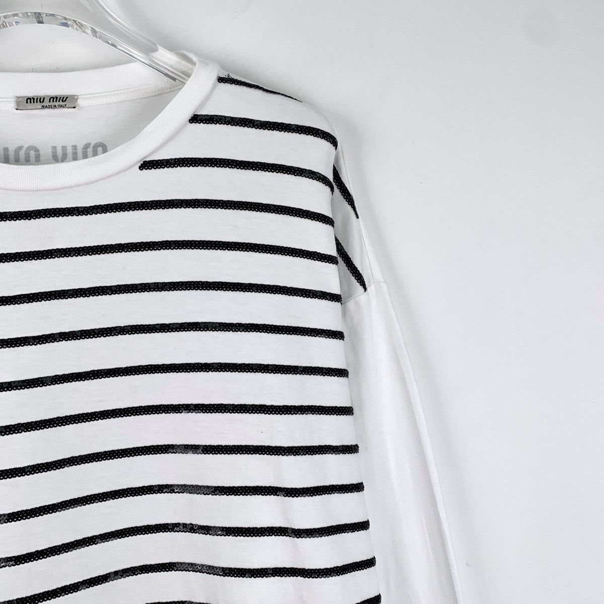 Miu Miu MiuMiu White Striped Sequin Long Sleeve T-shirt K26WX Size S / US 4 / IT 40 - 3 Thumbnail