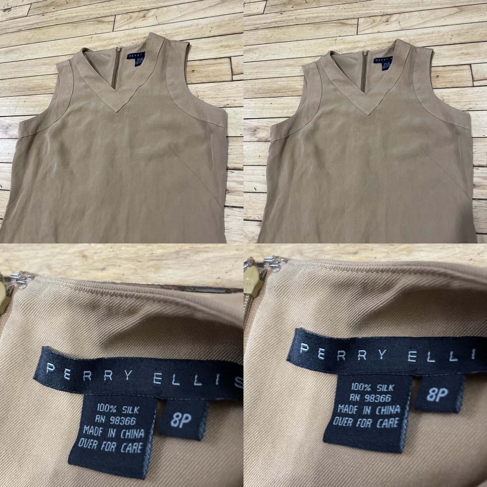 Perry Ellis Perry Ellis Silk Shift Dress Mini Sleeveless V-Neck Brown Tan 8P Office Academia Womens Size M / US 6-8 / IT 42-44 - 8 Thumbnail