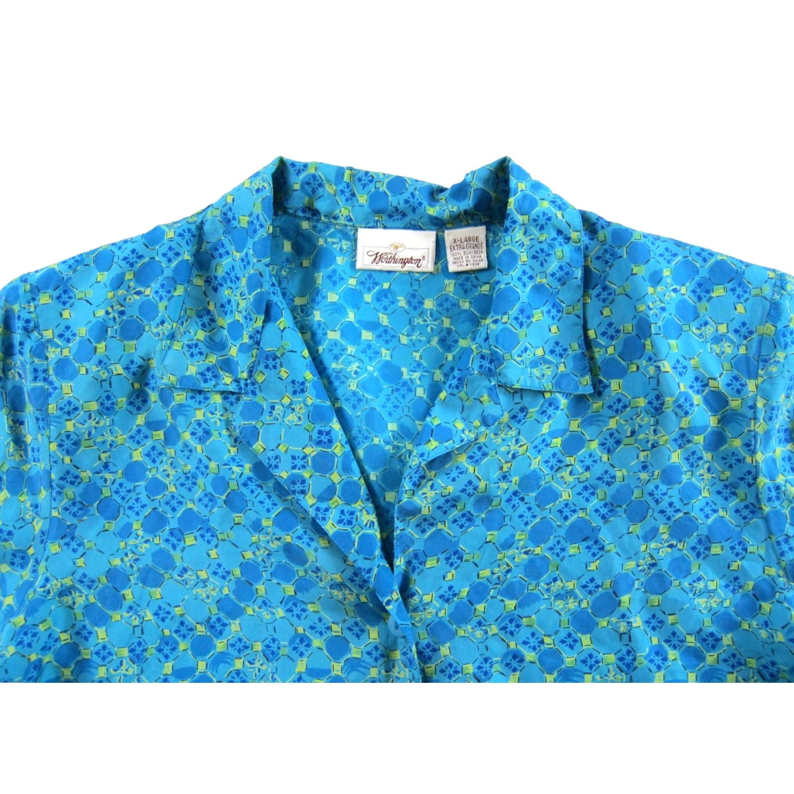Worthington VINTAGE Worthington 100% Silk Blue Yellow Green Short Sleeve Collared Blouse Women XL Size XL / US 12-14 / IT 48-50 - 4 Thumbnail