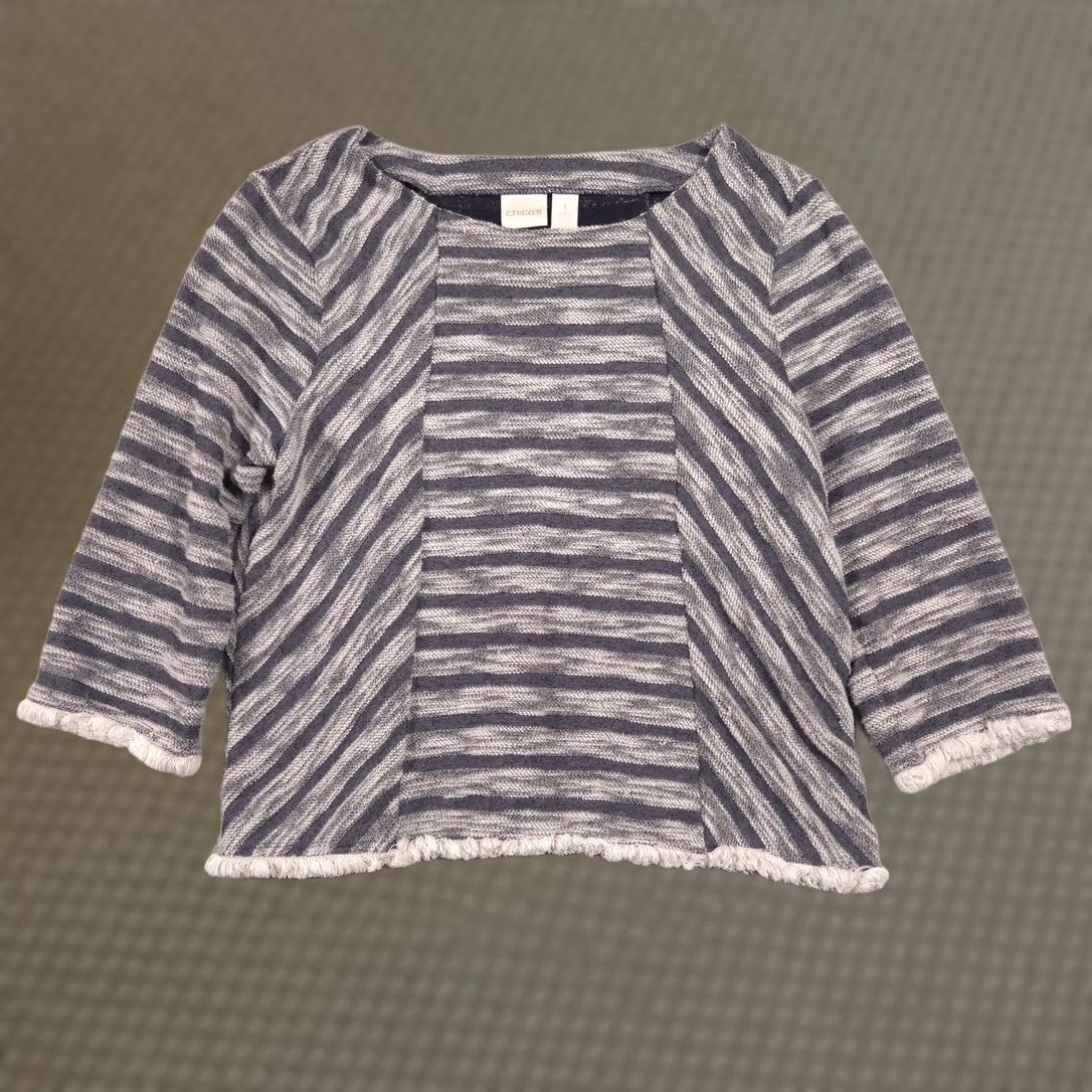 Vintage Chico's Sweater Womens Striped Knit 3/4 Sleeve Fringe Hem Crew Neck Pullover Gray White Medium? 1 Size XS / US 0-2 / IT 36-38 - 1 Thumbnail