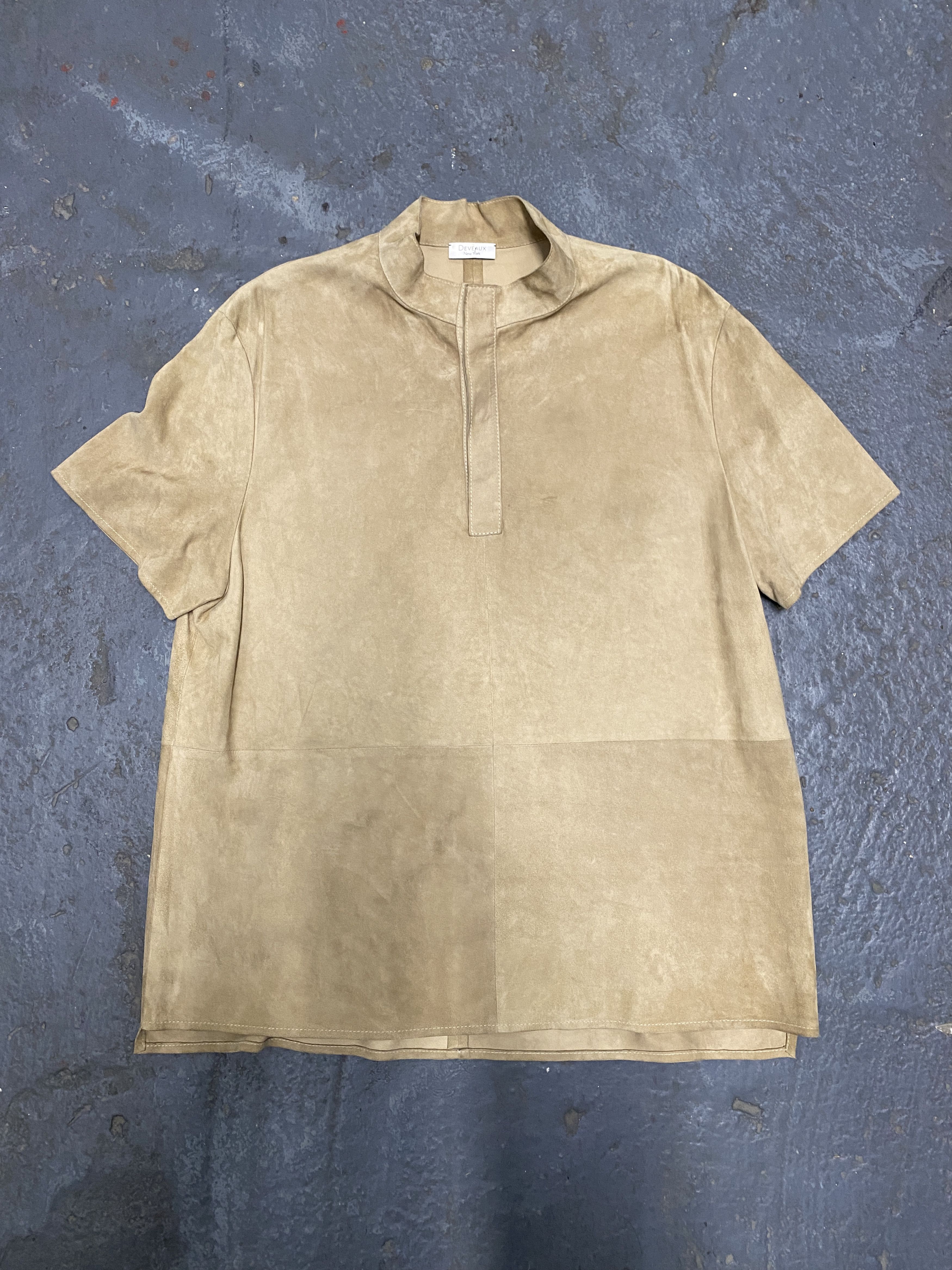 image of Deveaux Beige Suede Leather Short Sleeve Shirt, Men's (Size Large)