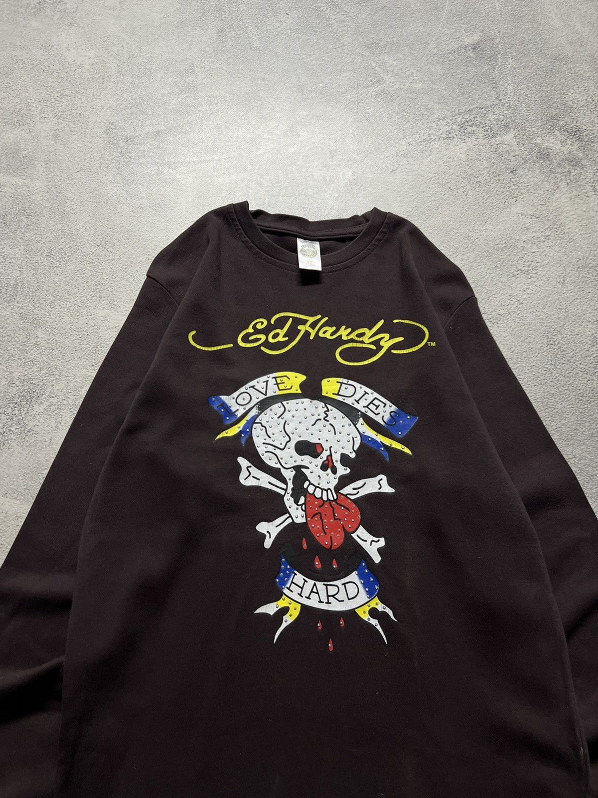 Ed Hardy Vintage Y2k Brown Skull ☠️ Ed Hardy Big Logo Long Sleeve 00’s Size L / US 10 / IT 46 - 1 Thumbnail