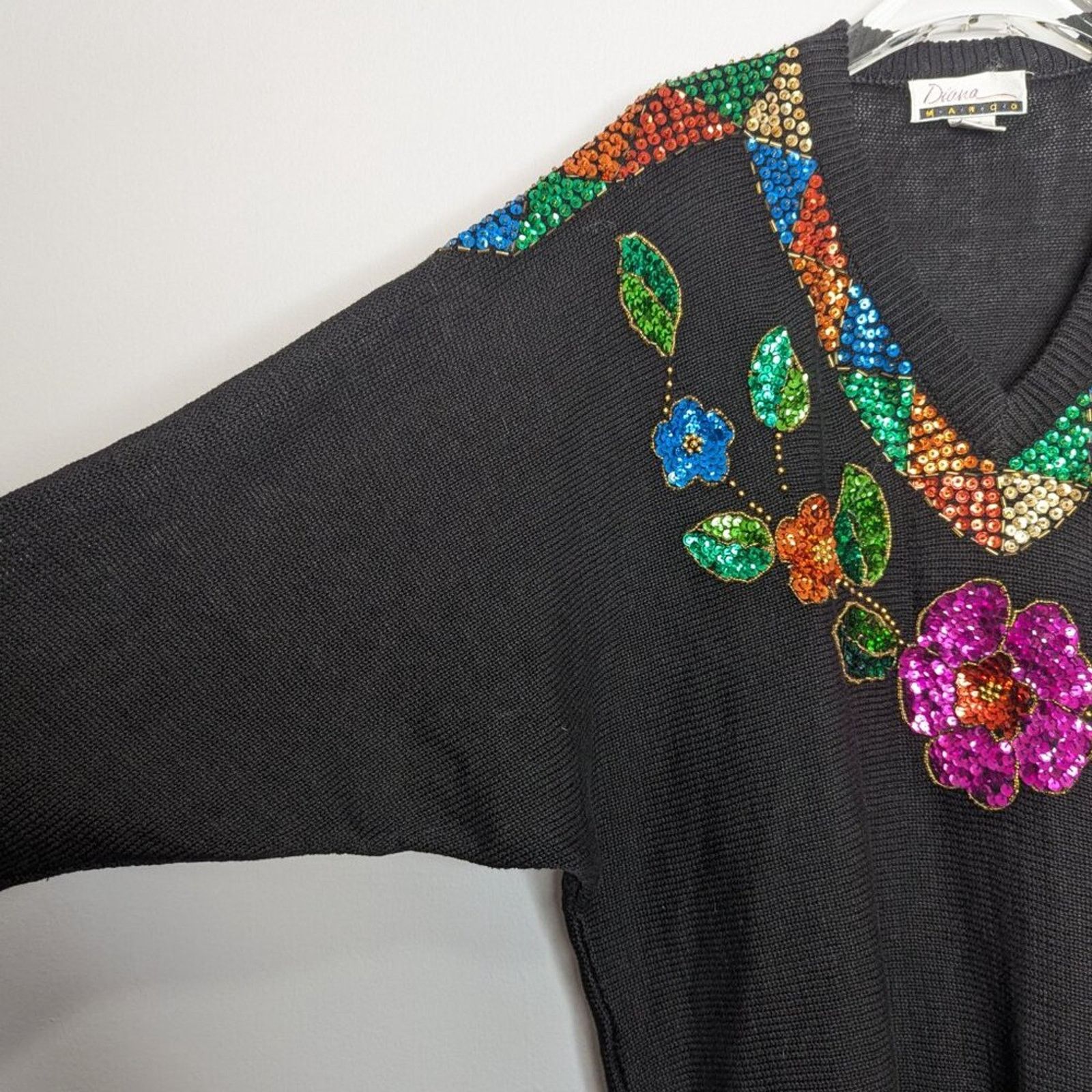 Vintage Diana Marco Vintage Black 80's Floral Sequin Sweater V-Neck Size XXL / US 16-18 / IT 52-54 - 3 Thumbnail