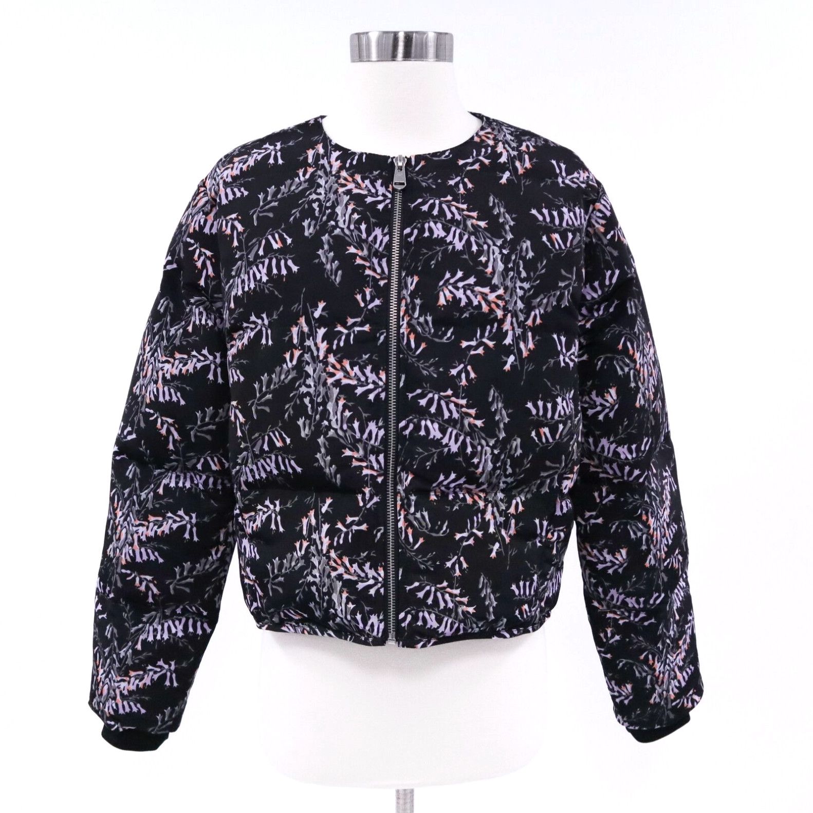 image of Cinq A Sept Bomber Puffer Jacket Womens Xs Floral Black Purple Cropped in White