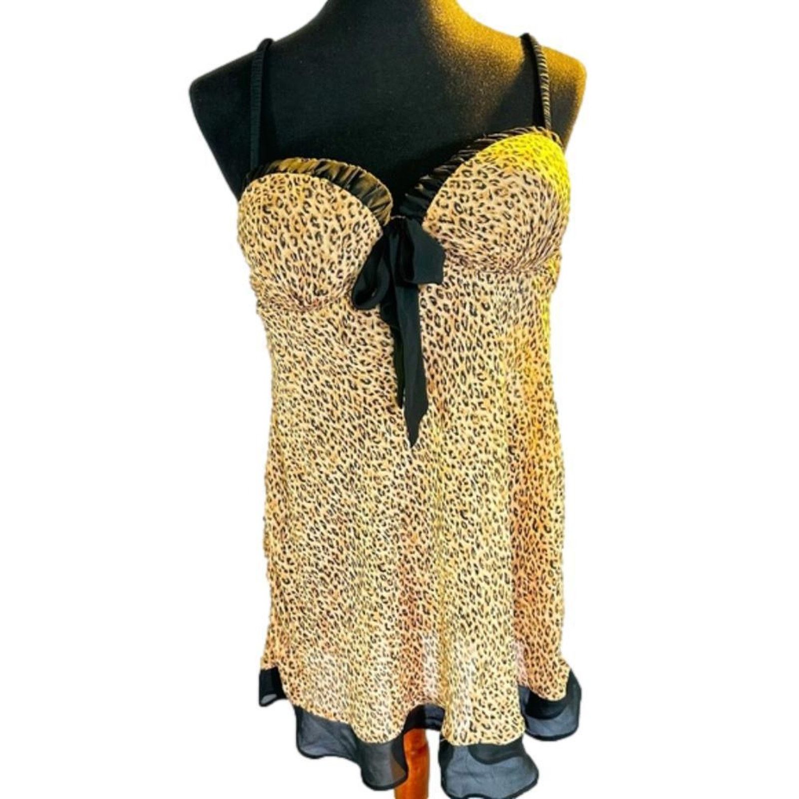 Designer Leopard Print Babydoll Nightie with Bow Thong Size ONE SIZE - 1 Thumbnail
