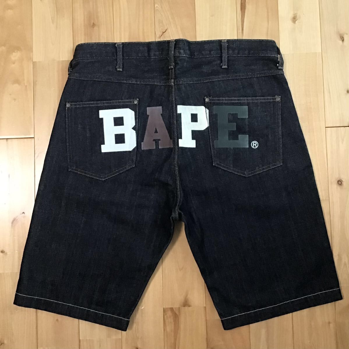 Pre-owned Bape X Nigo Kagoshima Limited Color Bape Logo Denim Shorts Ape ★size L In Indigo