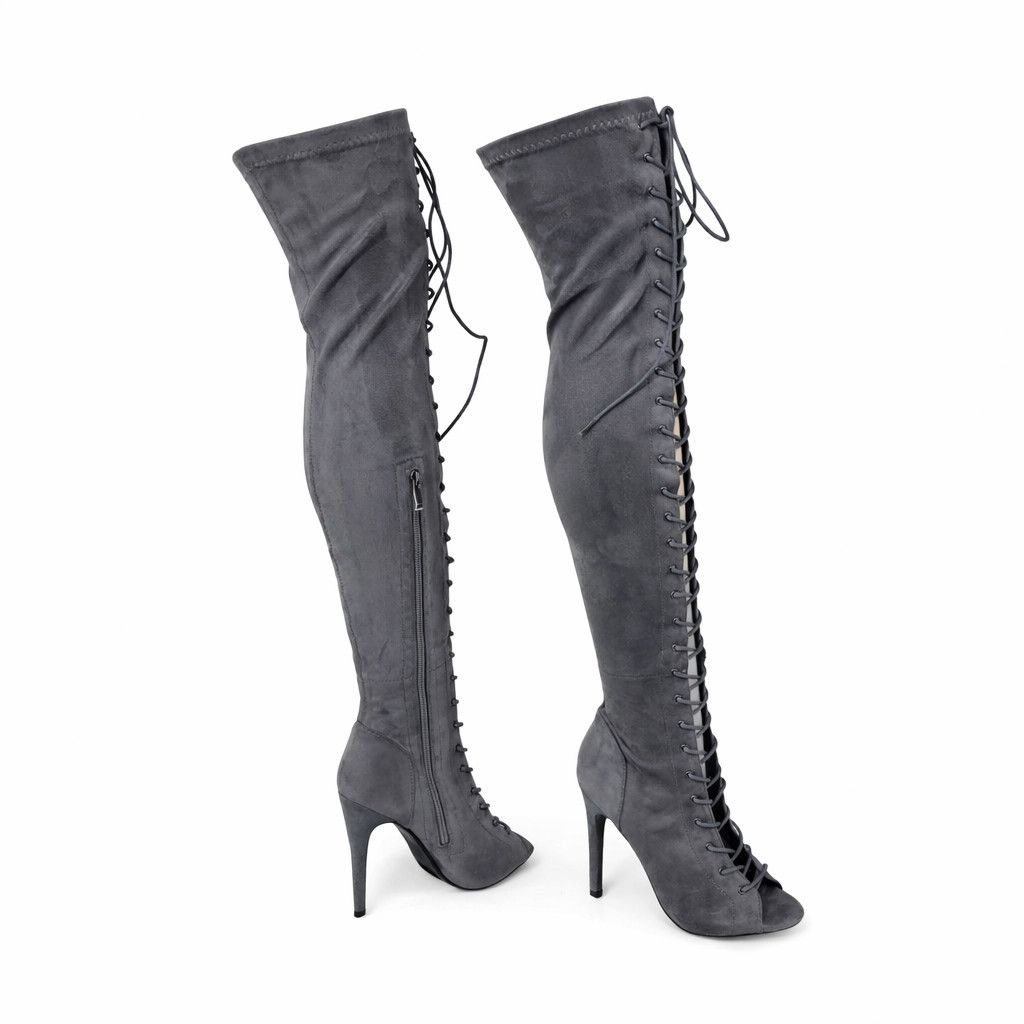 Other Top Show Gray Stretch FX Suede Lace Up Open Toe High Heel OT Size US 6.5 / IT 36.5 - 2 Thumbnail